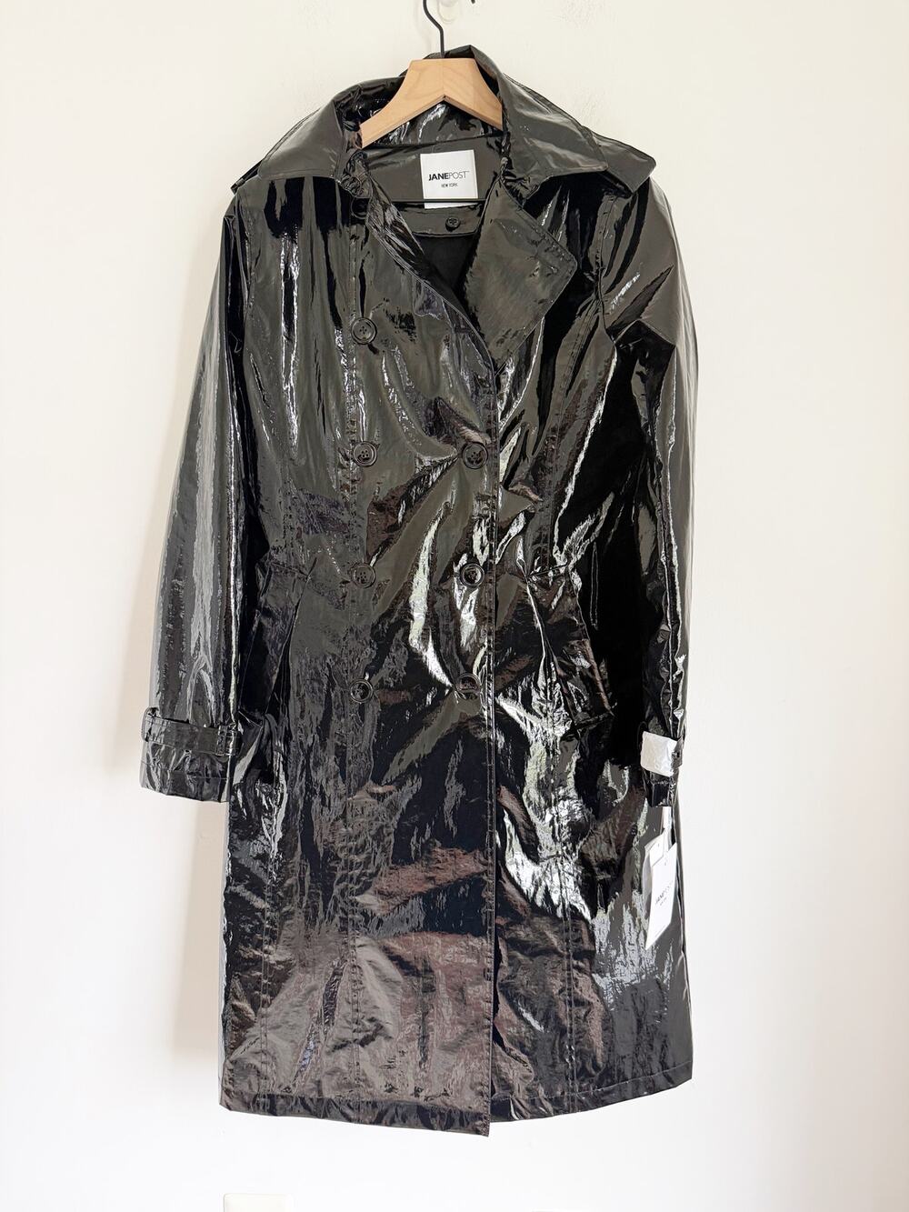 NWT Jane Post Military Trench Black Double Breasted Raincoat High Shine Black M